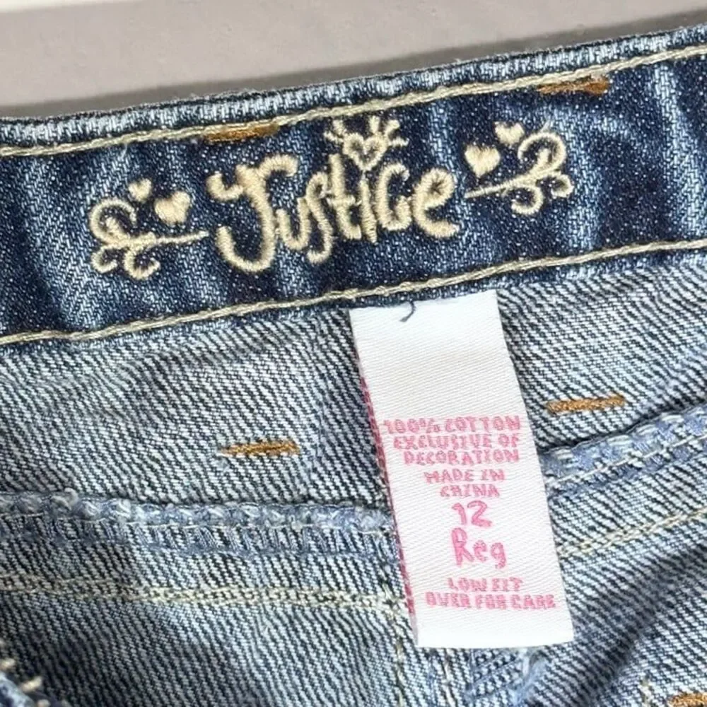 Vintage Justice Girls Jeans Size 12 Distressed Y2K Embroidered Pocket Low Rise
